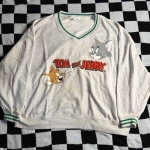 Tom and Jerry Pullover Sweatshirt Graphic Print Gray V-Neck Long Sleeve Men's L